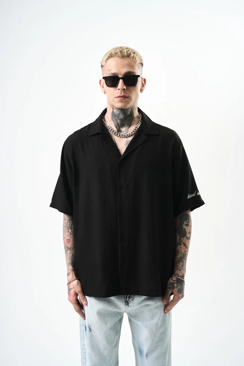 RESPIRE Men's Respire Embroidered Oversize Linen Shirt, Black