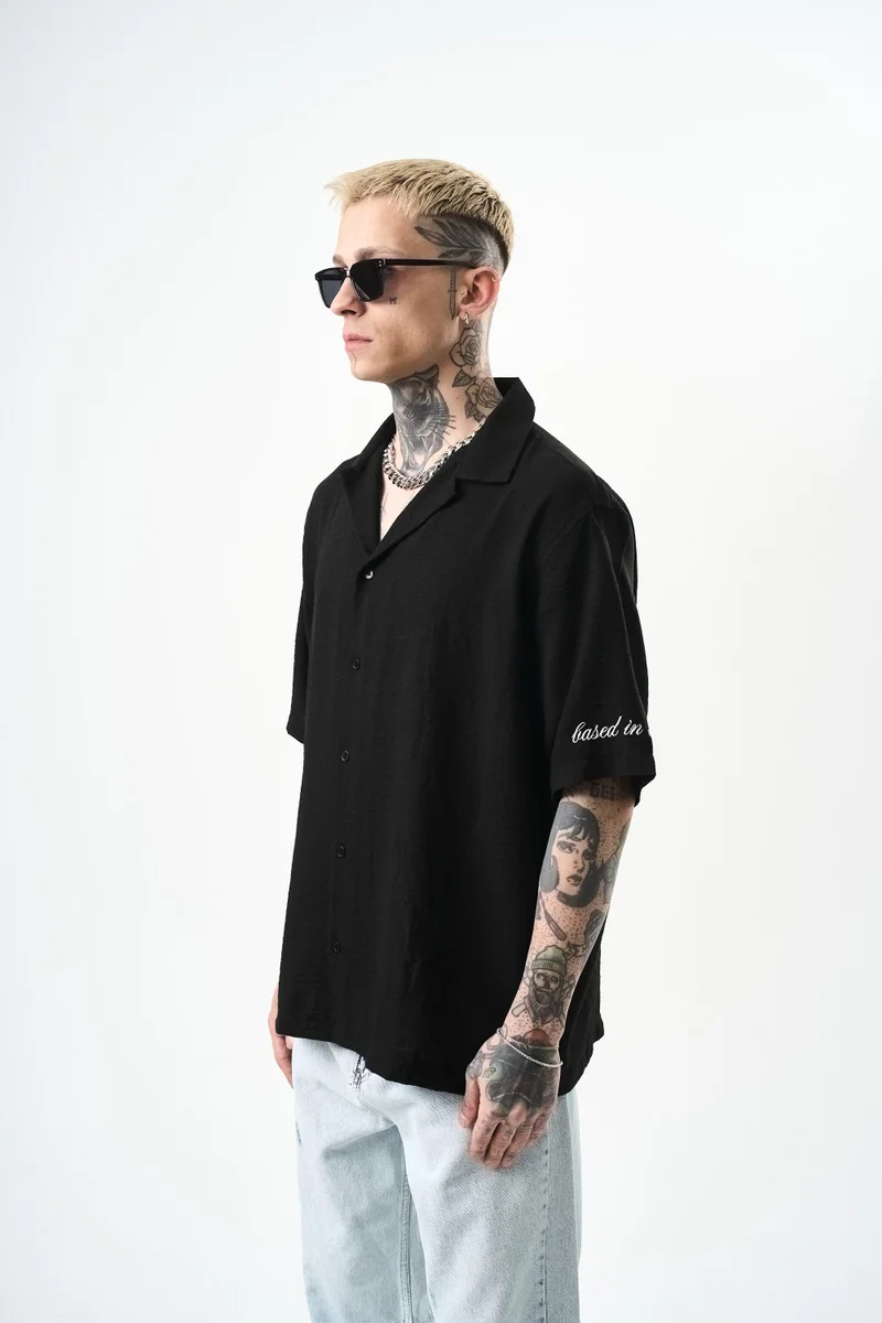 RESPIRE Men's Respire Embroidered Oversize Linen Shirt, Black