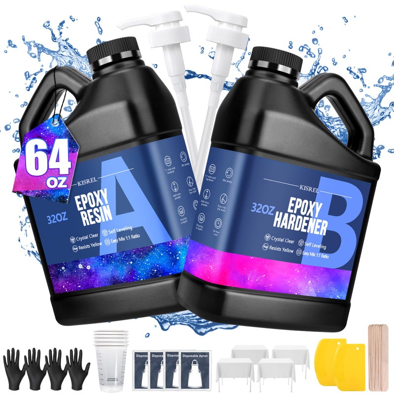 KISREL Epoxy Resin 64OZ - Crystal Clear Epoxy Resin Kit - No Yellowing No Bubble Art Resina Casting Resins for Art Crafts, Jewelry Making, Wood & Molds(32OZ x 2) - Image 1