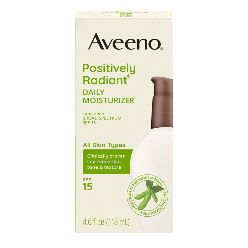 Aveeno Positively Radiant Daily Facial Moisturizer with Broad Spectrum SPF 15 Sunscreen & Total Soy Complex for Even Tone & Texture, Hypoallergenic, Oil-Free & Non-Comedogenic, 4 fl. oz - Image 1