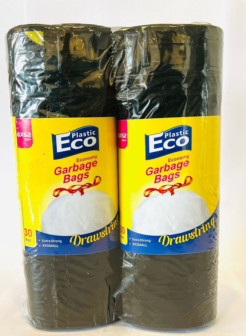 ECO Plastic 2 Pack Of Drawstring Garbage Bag 30 pieces  Black 46x52cm  Extra Strong (XXS)  - Image 1