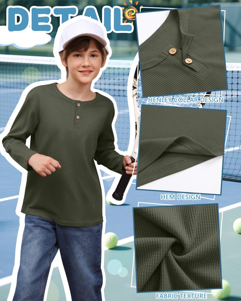 LessonZoo 3 Pack Boy's Henley Long Sleeve Shirts Waffle Thermal Tops 5-14 Years Cotton Blend Knit Sweatshirt for School(Army Green, Navy Blue, Black,11-12 Years) - Image 5