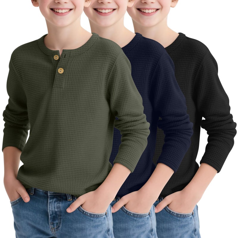 LessonZoo 3 Pack Boy's Henley Long Sleeve Shirts Waffle Thermal Tops 5-14 Years Cotton Blend Knit Sweatshirt for School(Army Green, Navy Blue, Black,11-12 Years) - Image 1