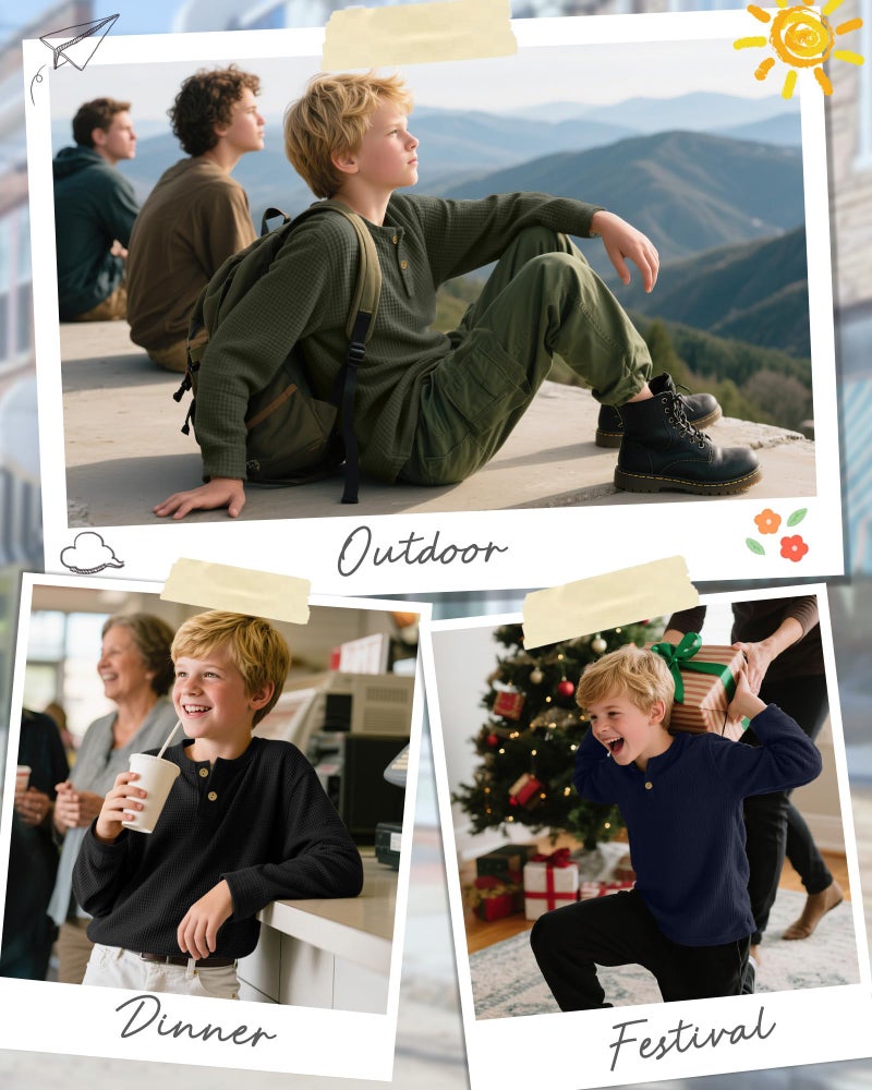 LessonZoo 3 Pack Boy's Henley Long Sleeve Shirts Waffle Thermal Tops 5-14 Years Cotton Blend Knit Sweatshirt for School(Army Green, Navy Blue, Black,11-12 Years) - Image 3