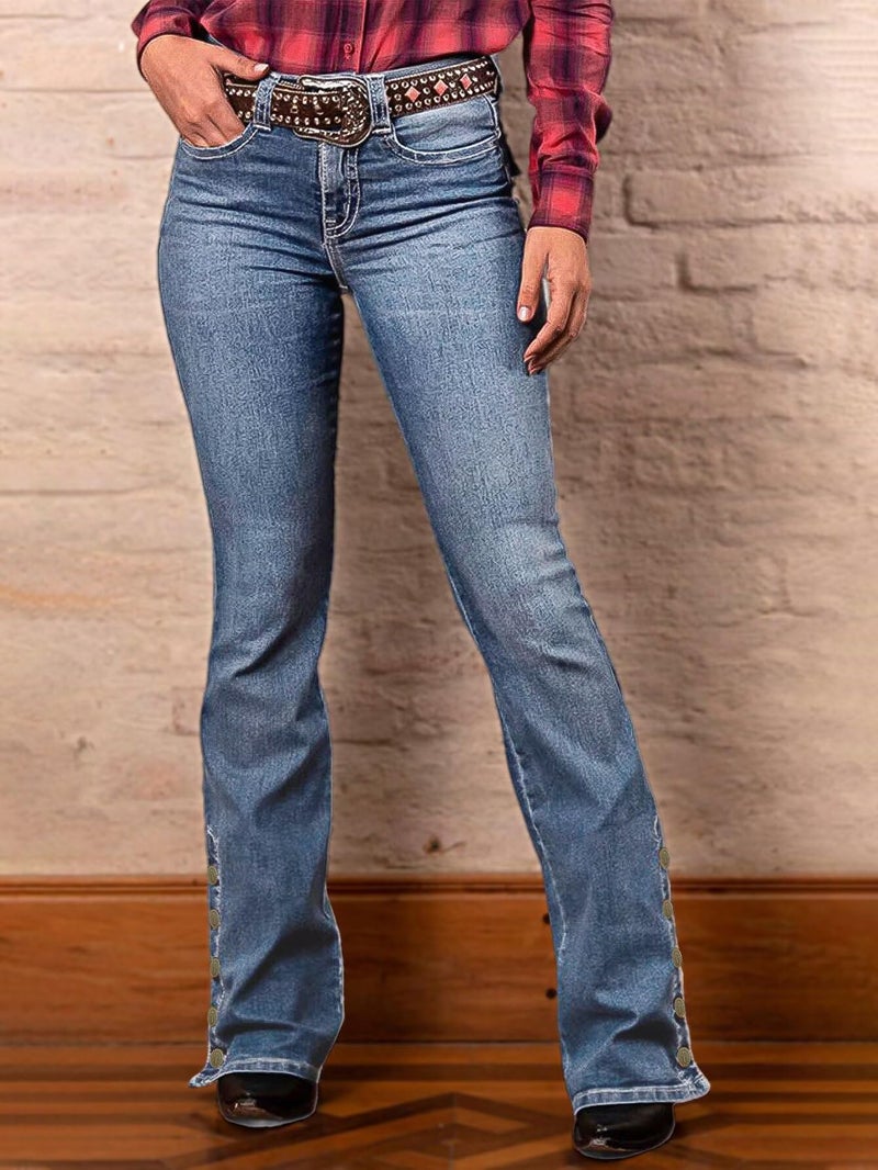 Flamingals Women's Buttoned Hem Bootcut Jeans Without Belt Mid Waist Casual Pants Blue Wash L - Image 2