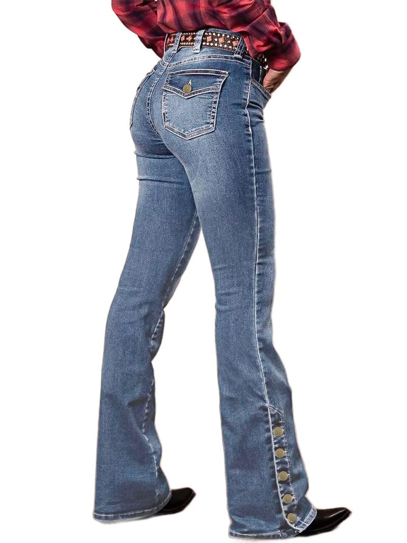 Flamingals Women's Buttoned Hem Bootcut Jeans Without Belt Mid Waist Casual Pants Blue Wash L - Image 1