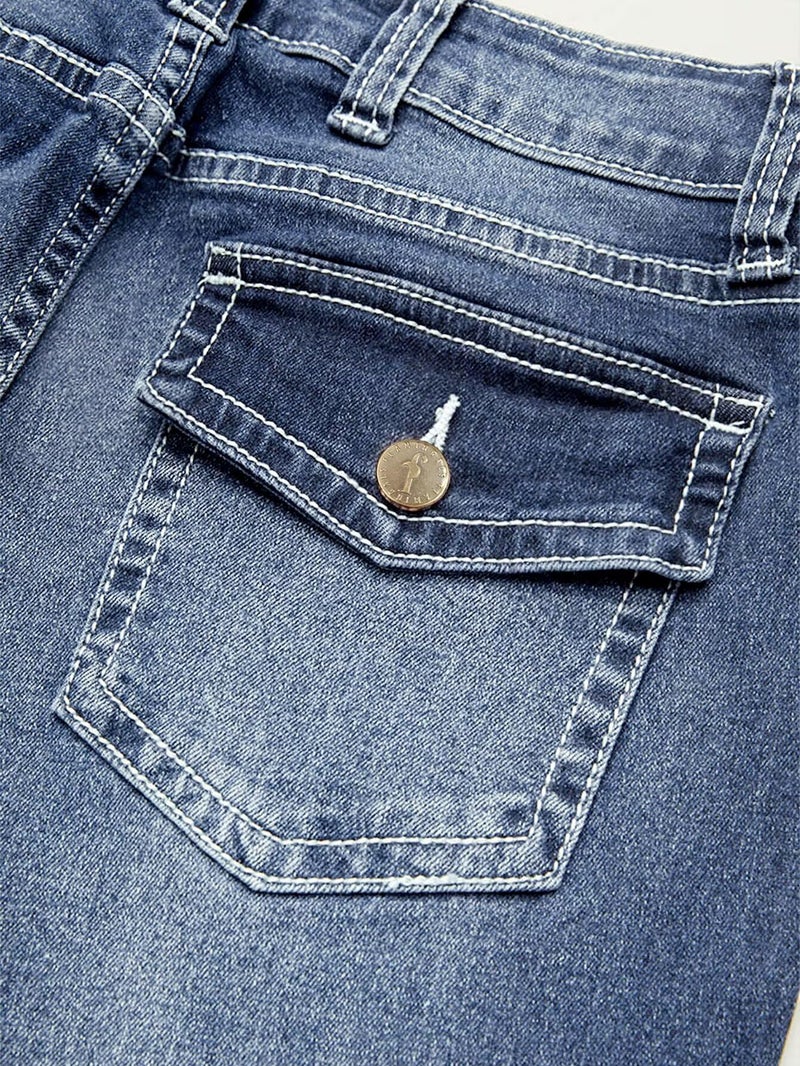 Flamingals Women's Buttoned Hem Bootcut Jeans Without Belt Mid Waist Casual Pants Blue Wash L - Image 4