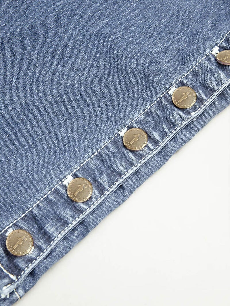 Flamingals Women's Buttoned Hem Bootcut Jeans Without Belt Mid Waist Casual Pants Blue Wash L - Image 5