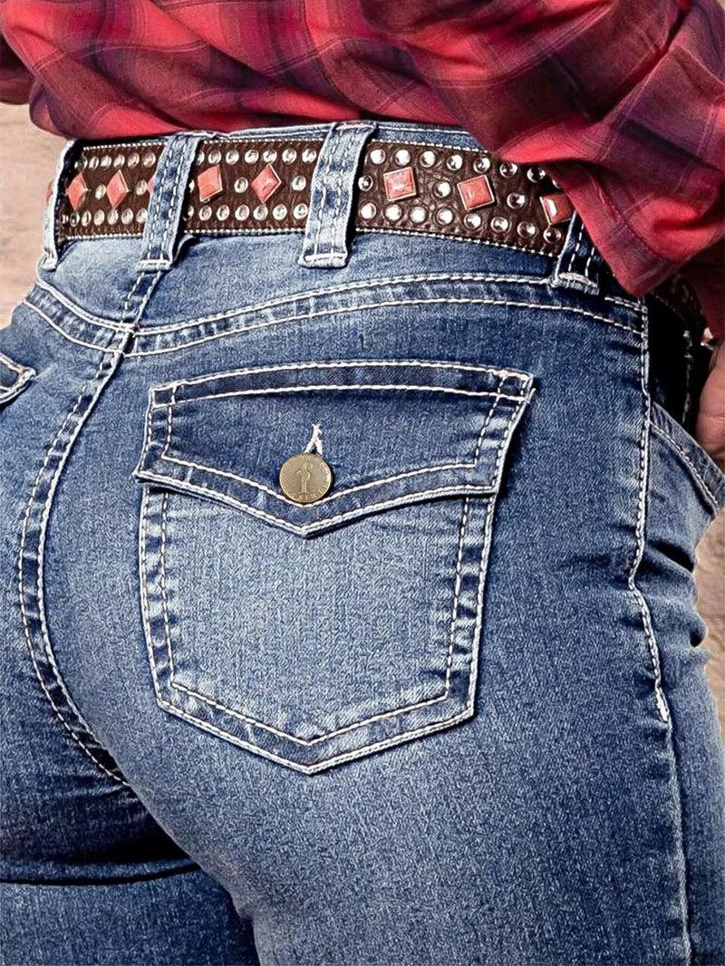 Flamingals Women's Buttoned Hem Bootcut Jeans Without Belt Mid Waist Casual Pants Blue Wash L - Image 3