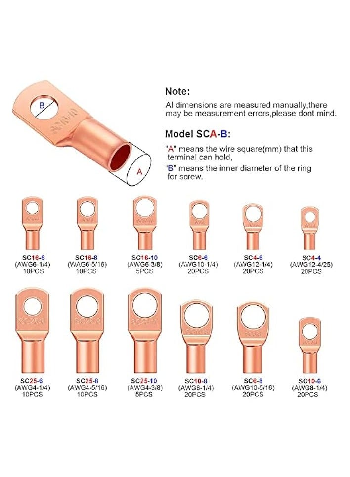 erorex 170 Pieces Copper Battery Cable Ends 12 Sizes Battery Wire Lugs Eyelets Tubular Ring Terminal Connectors SC Terminals for Automotive Supplies AWG4, AWG6, AWG8, AWG10, AWG12 (Metal Color) - Image 4