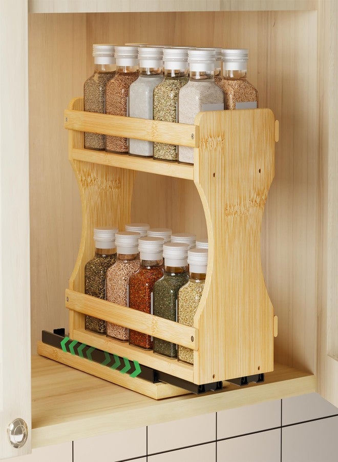 BAMEOS Pull Out Spice Rack Organizer for Cabinet, Bamboo Wide 4.2" Slide Out Seasoning Organizer for Kitchen, No Drill Anti-Tip Ball Bearing Silent Glides, Pantry Cabinet Organizer,Natural - Image 1