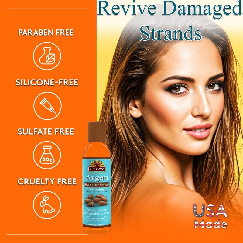 OKAY 100% Natural Argan Hot Oil Hair Treatment - Argan Oil for Hair, Hair Oil for Dry Damaged Frizzy Hair, Pure Oil for Men & Women, Hair Growth Therapy Oil Blend with Jojoba - 6 oz (Pack of 1) Heavy load resistant - Image 1