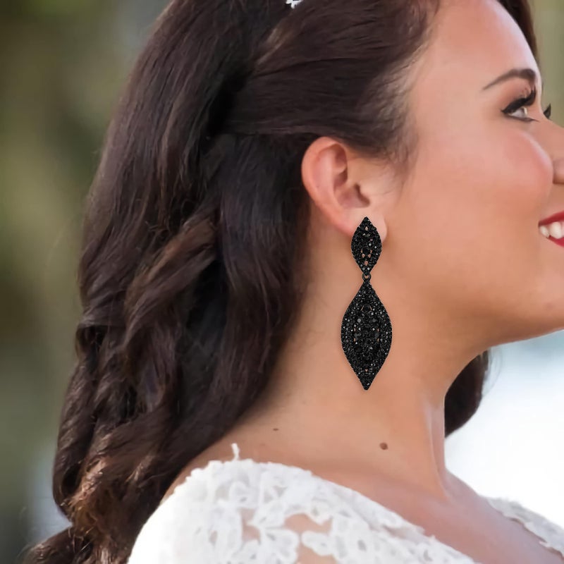 Flyonce Women's Rhinestone Crystal Wedding Bridal 2 Leaf Drop Dangle Chandelier Earrings Deep Black - Image 2