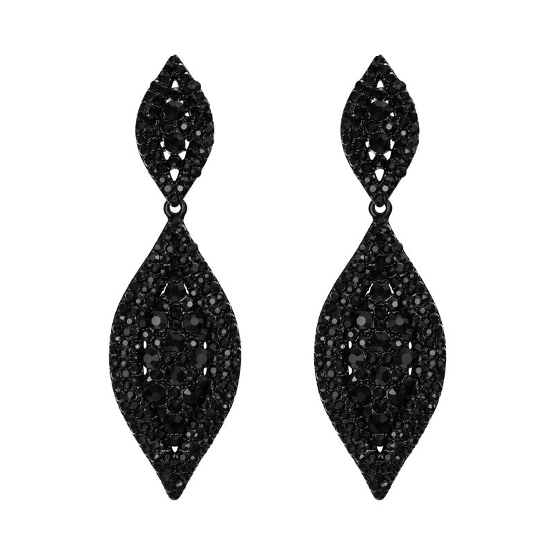 Flyonce Women's Rhinestone Crystal Wedding Bridal 2 Leaf Drop Dangle Chandelier Earrings Deep Black - Image 1