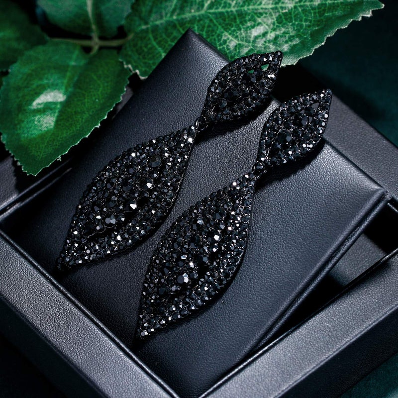 Flyonce Women's Rhinestone Crystal Wedding Bridal 2 Leaf Drop Dangle Chandelier Earrings Deep Black - Image 5