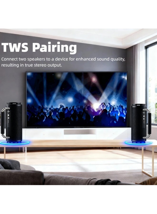 Portable Wireless Bluetooth Speaker with HD Sound, Bluetooth 5.4, 15W Dual Speaker, 16H Playtime, IPX7 Waterproof and Drop-Proof, TWS Pairing, for Outdoor/Home/Party/Beach (Round) - Black - Image 5