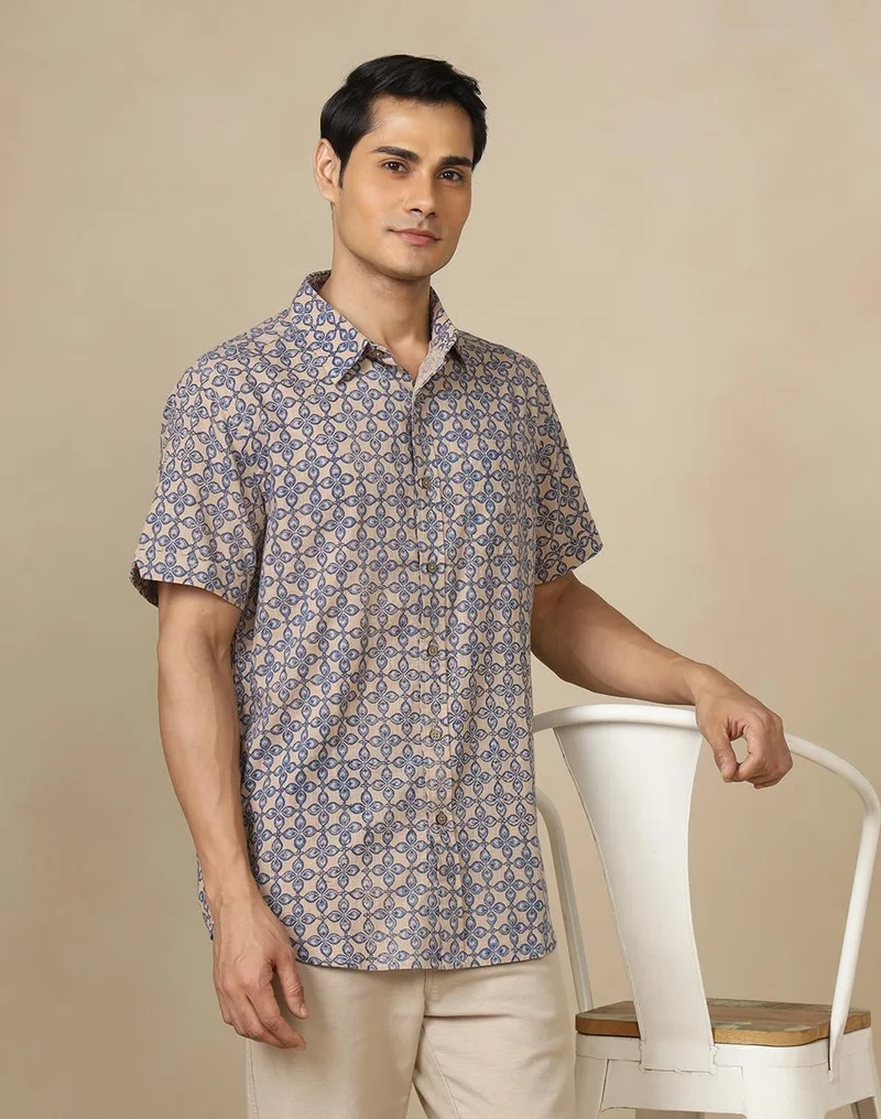 فاب انديا Blue-Beige Cotton Hand Block Printed Shirt