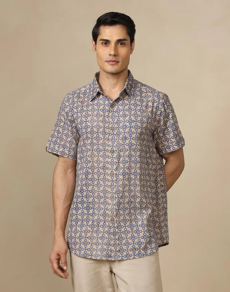فاب انديا Blue-Beige Cotton Hand Block Printed Shirt