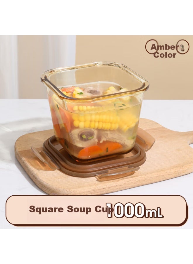 Cilock Heat-resistant Glass Lunch Box For Office Workers Microwave Heating Special Bento Box Amber Square Soup Bowl 1l - Image 5