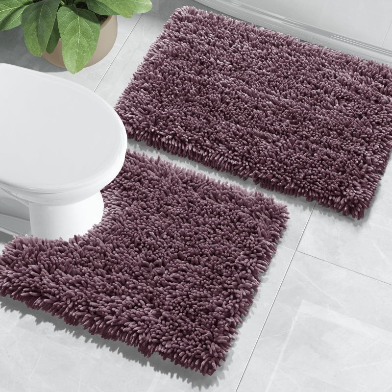Yimobra Bathroom Rugs Sets 2 Piece  Luxury Shaggy Extra Thick Bathroom Rugs  Plush Non-Slip Mats for Bath Room Floor  U-Shaped Toilet Mat  Ultra Absorbent  24 x 17 + 24.4 x 20.4 Inches Dark Purple - Image 3