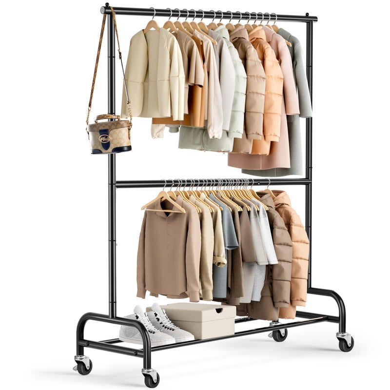 MISSLO Heavy Duty Clothing Racks for Hanging Clothes Rack Double Rod Garment Rack Rolling Closet Wardrobe Rack on Wheels, Metal, Adjustable, Black - Image 1