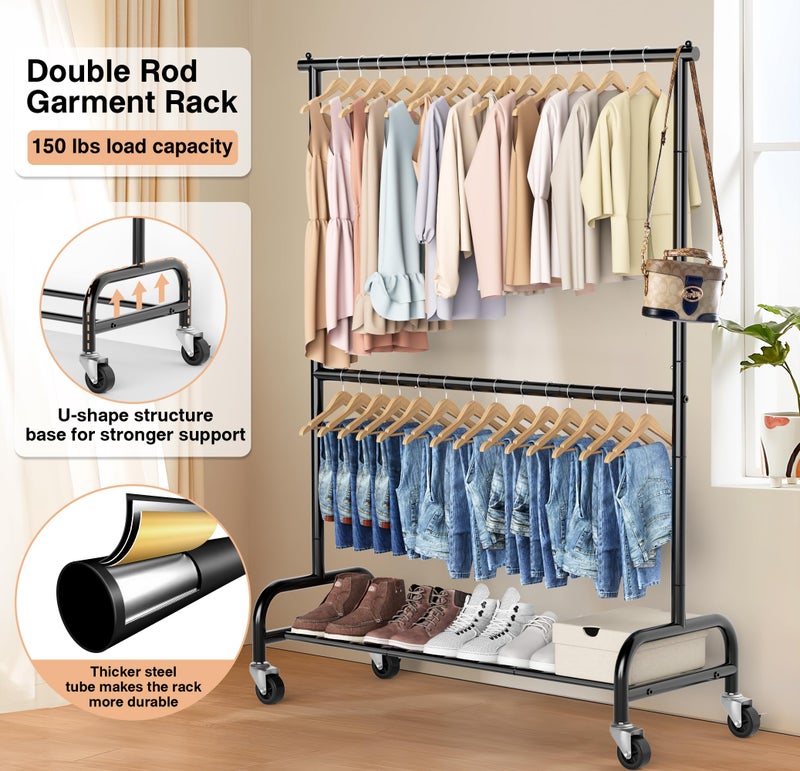 MISSLO Heavy Duty Clothing Racks for Hanging Clothes Rack Double Rod Garment Rack Rolling Closet Wardrobe Rack on Wheels, Metal, Adjustable, Black - Image 2