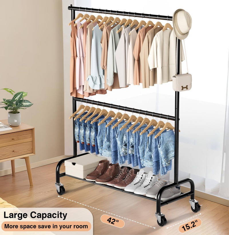 MISSLO Heavy Duty Clothing Racks for Hanging Clothes Rack Double Rod Garment Rack Rolling Closet Wardrobe Rack on Wheels, Metal, Adjustable, Black - Image 4