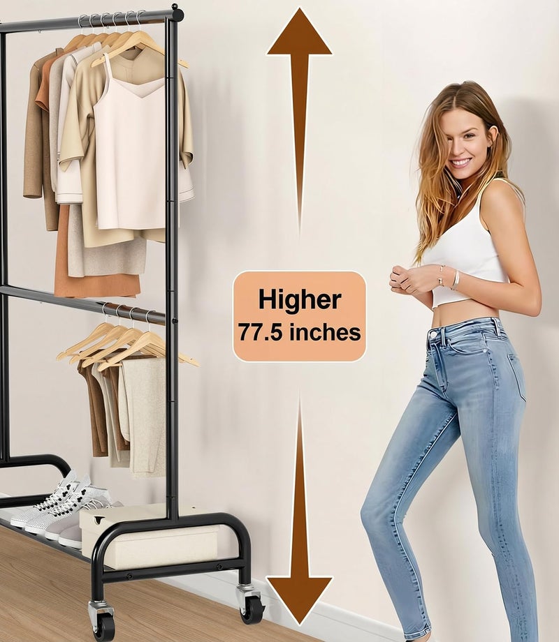 MISSLO Heavy Duty Clothing Racks for Hanging Clothes Rack Double Rod Garment Rack Rolling Closet Wardrobe Rack on Wheels, Metal, Adjustable, Black - Image 3