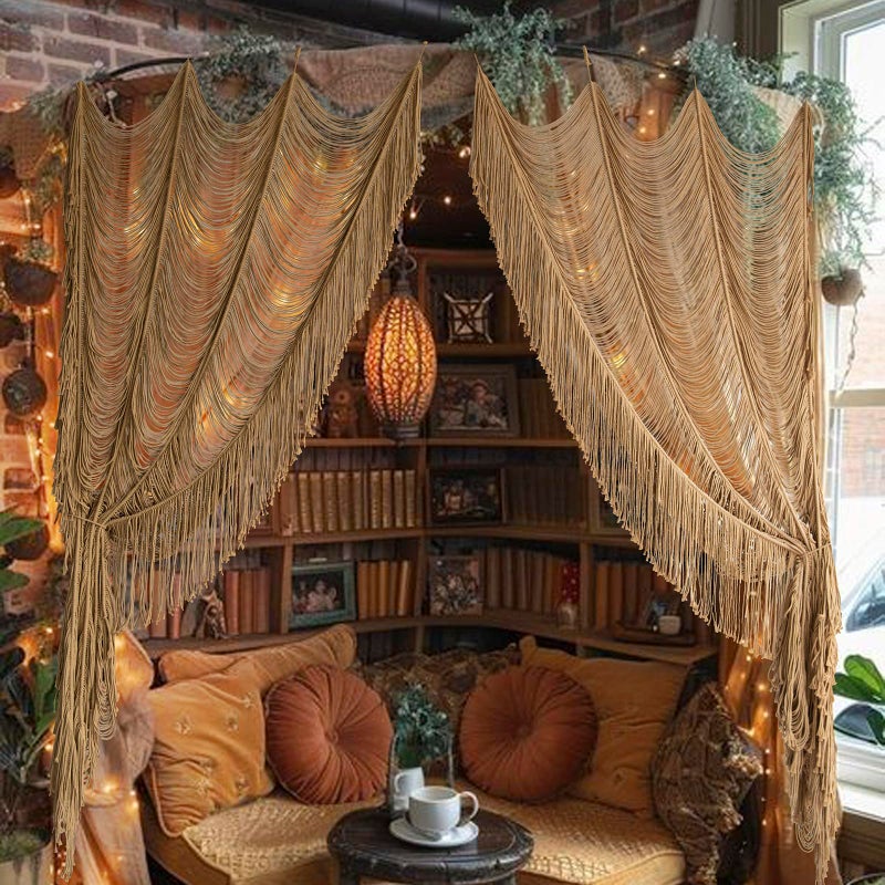 Flber Macrame Curtain Boho Curtain Doorway Window Wall Decor Fiber Yarn Art Handwoven Wall Hanging Art Craftsmanship Home Door Bedroom Wedding Backdrop Arch  Closet Room Divider 59"" W x 75"" H Khaki - Image 1