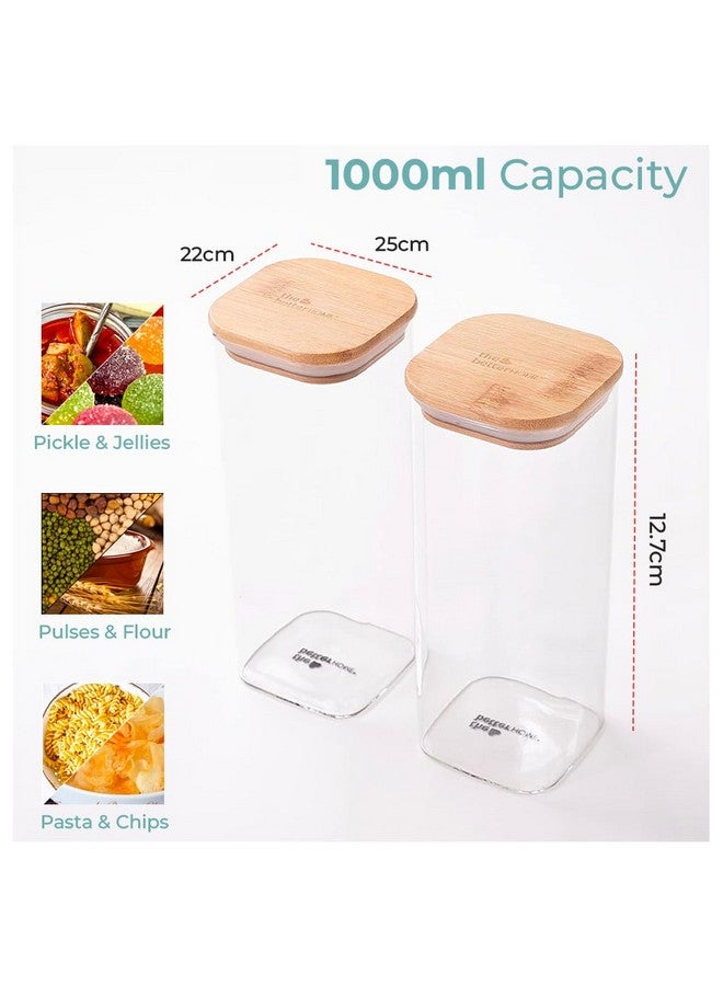 The Better Home Pack of 4 1000ml Borosilicate Glass Jars with Bamboo Lid I Rectangular Transparent Airtight Borosilicate Kitchen Containers Set | Glass Jars for Cookies Snacks Tea Coffee Sugar - Image 2