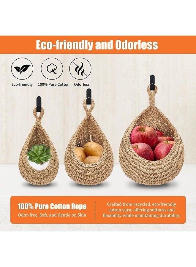 Arabest Hanging Fruit Baskets for Kitchen, 3 Pack Boho Hanging Wall Basket with 6 Pcs Strong Hooks, Teardrop Storage Baskets for Fruits, Vegetables, Onion - Decorative Organizing Wall Baskets for Home - Image 5