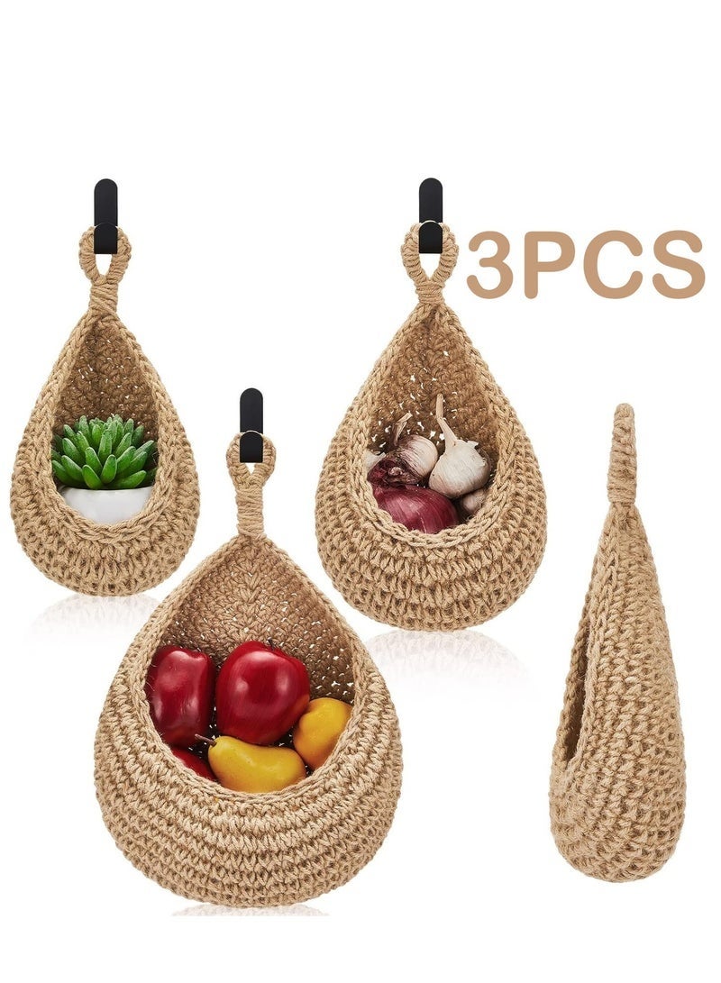 Arabest Hanging Fruit Baskets for Kitchen, 3 Pack Boho Hanging Wall Basket with 6 Pcs Strong Hooks, Teardrop Storage Baskets for Fruits, Vegetables, Onion - Decorative Organizing Wall Baskets for Home - Image 1