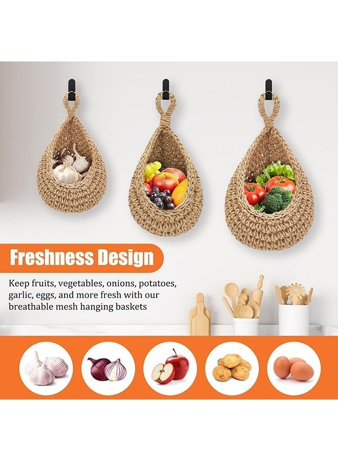 Arabest Hanging Fruit Baskets for Kitchen, 3 Pack Boho Hanging Wall Basket with 6 Pcs Strong Hooks, Teardrop Storage Baskets for Fruits, Vegetables, Onion - Decorative Organizing Wall Baskets for Home - Image 2