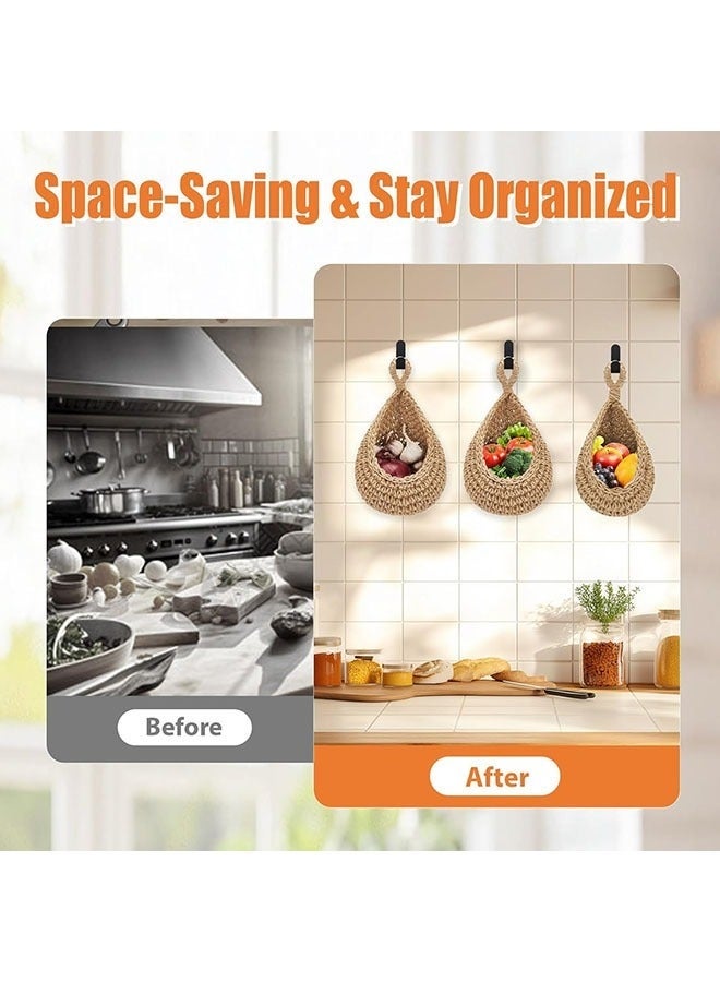 Arabest Hanging Fruit Baskets for Kitchen, 3 Pack Boho Hanging Wall Basket with 6 Pcs Strong Hooks, Teardrop Storage Baskets for Fruits, Vegetables, Onion - Decorative Organizing Wall Baskets for Home - Image 4