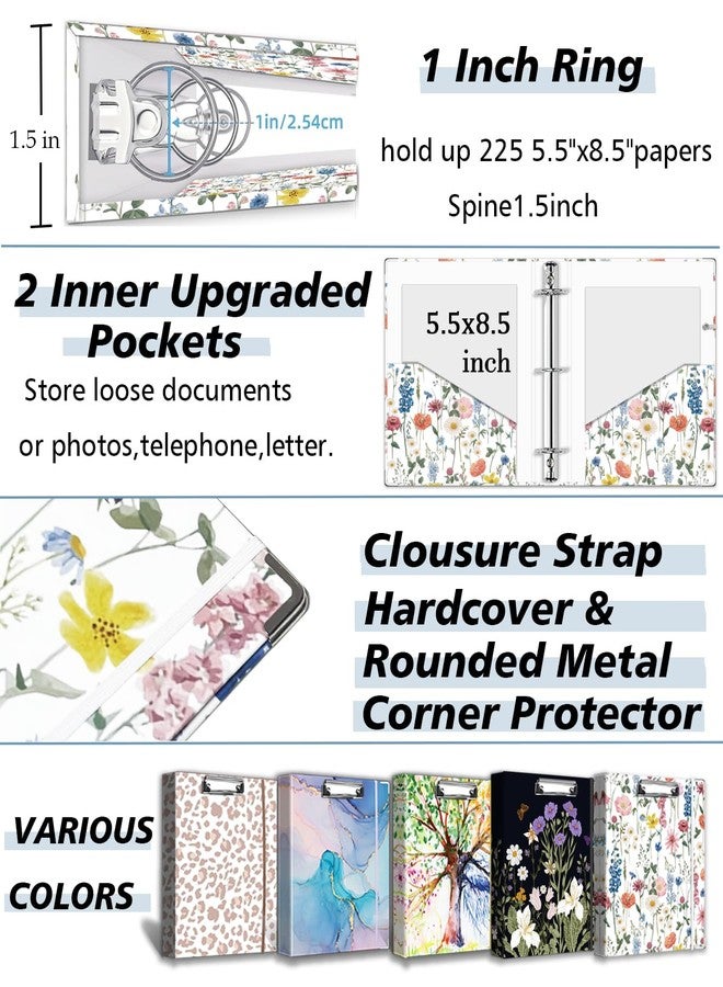 BVSSX A5 Binder 3 Ring 1 Inch for 5.5"x8.5" Paper, Cute Mini Three Ring Binders with Clipboard,5-Tab Dividers with Sticker,Interior Pocket, Spine Label, Small Binder with Pen Holder, Blue Bloom - Image 5
