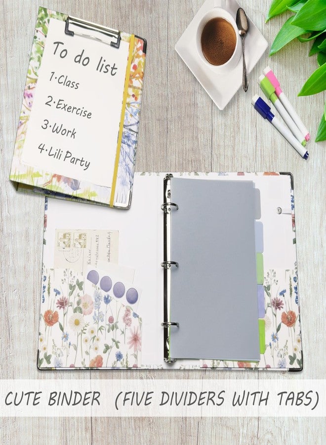 BVSSX A5 Binder 3 Ring 1 Inch for 5.5"x8.5" Paper, Cute Mini Three Ring Binders with Clipboard,5-Tab Dividers with Sticker,Interior Pocket, Spine Label, Small Binder with Pen Holder, Blue Bloom - Image 3