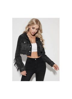 Loquat Squality Leisure Tassels Denim Short Jacket Women Black  - Image 2