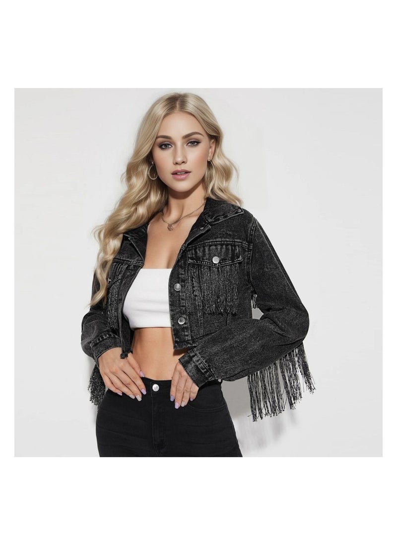 Loquat Squality Leisure Tassels Denim Short Jacket Women Black  - Image 1
