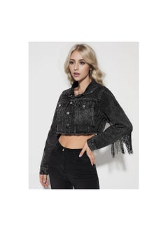 Loquat Squality Leisure Tassels Denim Short Jacket Women Black  - Image 3