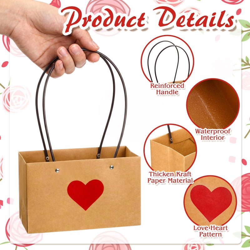 Tinlade 12 Pack Heart Flower Gift Bags, Kraft Paper Bouquet Tote Bags with Handles, Waterproof Lining, Brown Red, for Bouquets, Gift Wrapping, Party Favors - Image 4