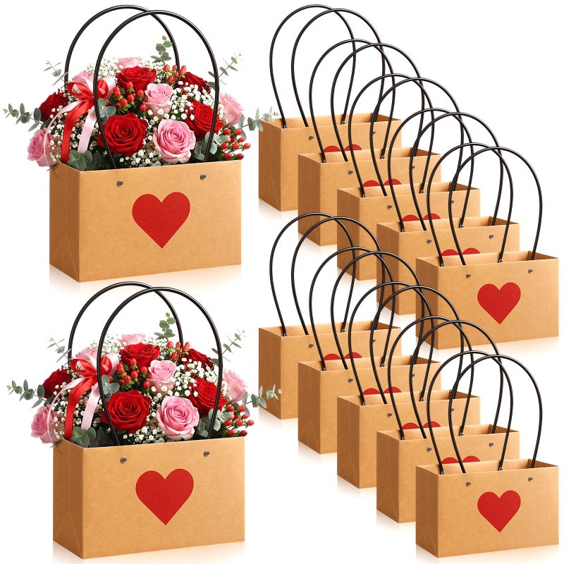 Tinlade 12 Pack Heart Flower Gift Bags, Kraft Paper Bouquet Tote Bags with Handles, Waterproof Lining, Brown Red, for Bouquets, Gift Wrapping, Party Favors - Image 1