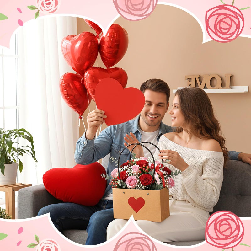 Tinlade 12 Pack Heart Flower Gift Bags, Kraft Paper Bouquet Tote Bags with Handles, Waterproof Lining, Brown Red, for Bouquets, Gift Wrapping, Party Favors - Image 2