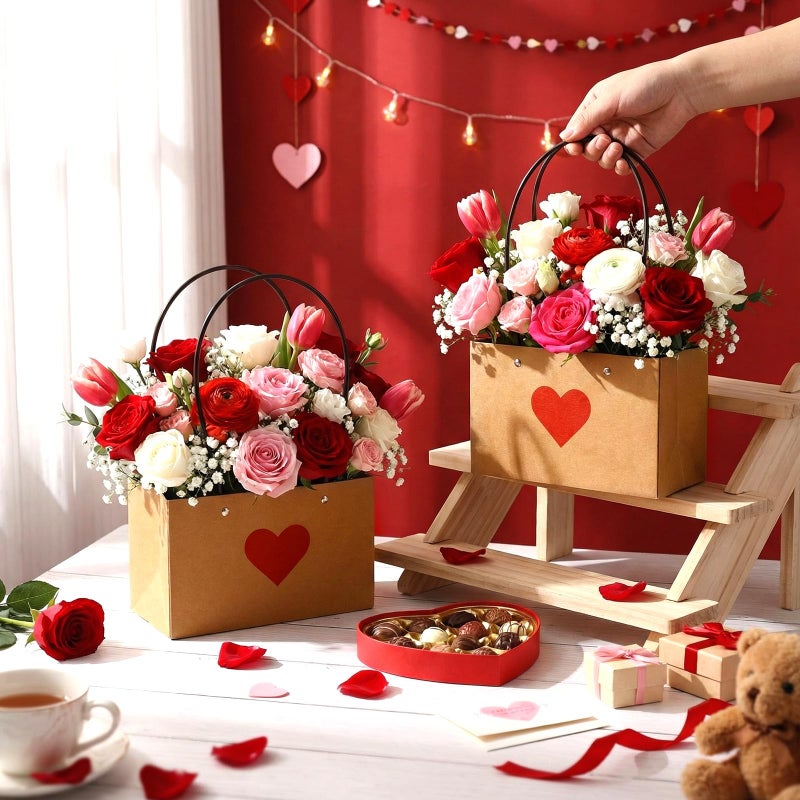 Tinlade 12 Pack Heart Flower Gift Bags, Kraft Paper Bouquet Tote Bags with Handles, Waterproof Lining, Brown Red, for Bouquets, Gift Wrapping, Party Favors - Image 5