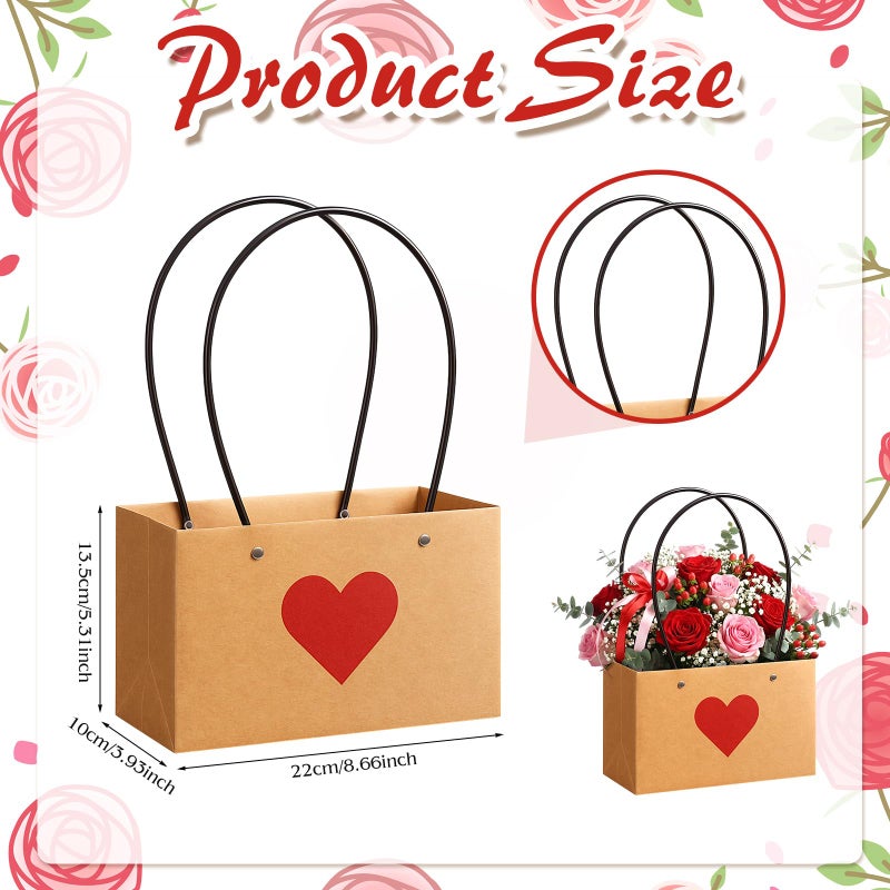 Tinlade 12 Pack Heart Flower Gift Bags, Kraft Paper Bouquet Tote Bags with Handles, Waterproof Lining, Brown Red, for Bouquets, Gift Wrapping, Party Favors - Image 3