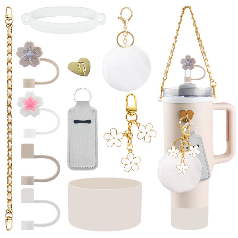 Velaco 11 PCS Accessories for Stanley Cup Water Bottle Handle Strap for Stanley 3040 oz tumbler with handle including Straw Toppers Silicone Cup Boot Keychain Charms White