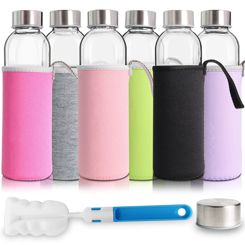 YEBODA Glass Water Bottles 18oz Bottles For Beverage and Juicer Use Stainless Steel Caps - Including Colorful Nylon Protection Sleeve Pack Of 6 - Image 1