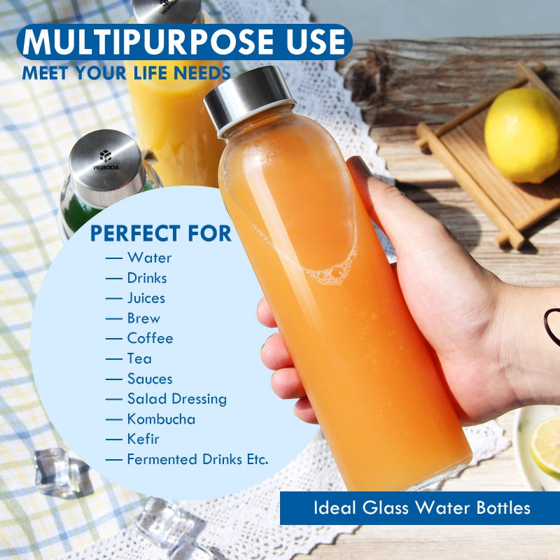 YEBODA Glass Water Bottles 18oz Bottles For Beverage and Juicer Use Stainless Steel Caps - Including Colorful Nylon Protection Sleeve Pack Of 6 - Image 3