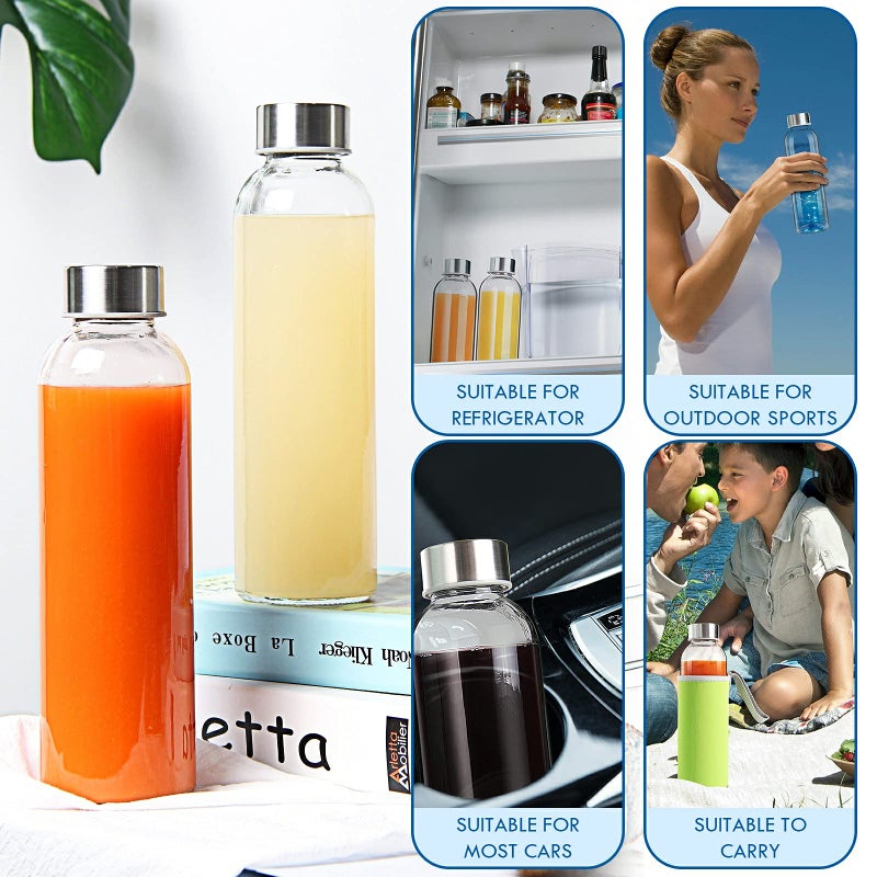 YEBODA Glass Water Bottles 18oz Bottles For Beverage and Juicer Use Stainless Steel Caps - Including Colorful Nylon Protection Sleeve Pack Of 6 - Image 2