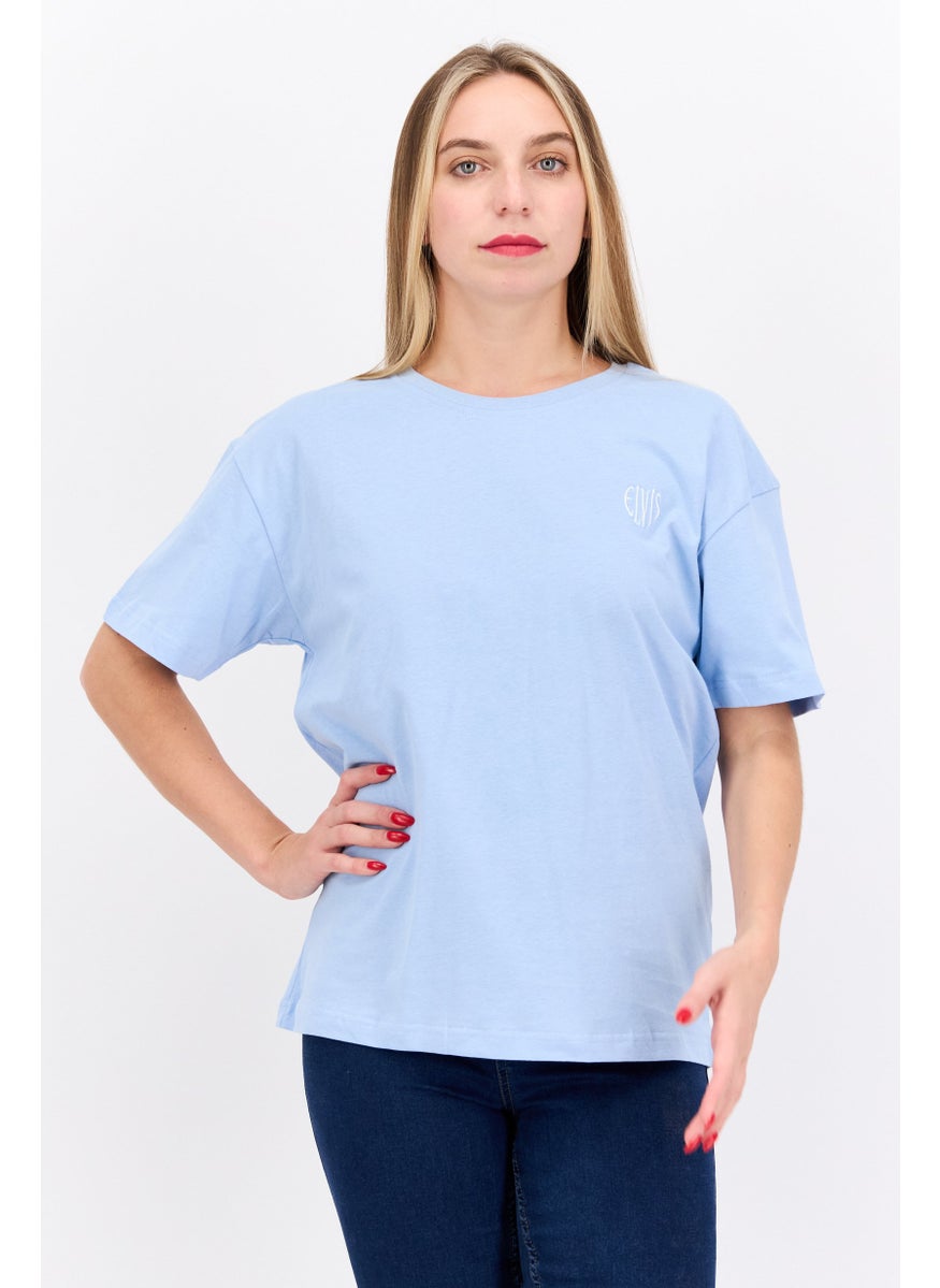 ELVIS Women Round Neck Short Sleeve Embroidered Logo T-Shirt, Light Blue  - Image 1