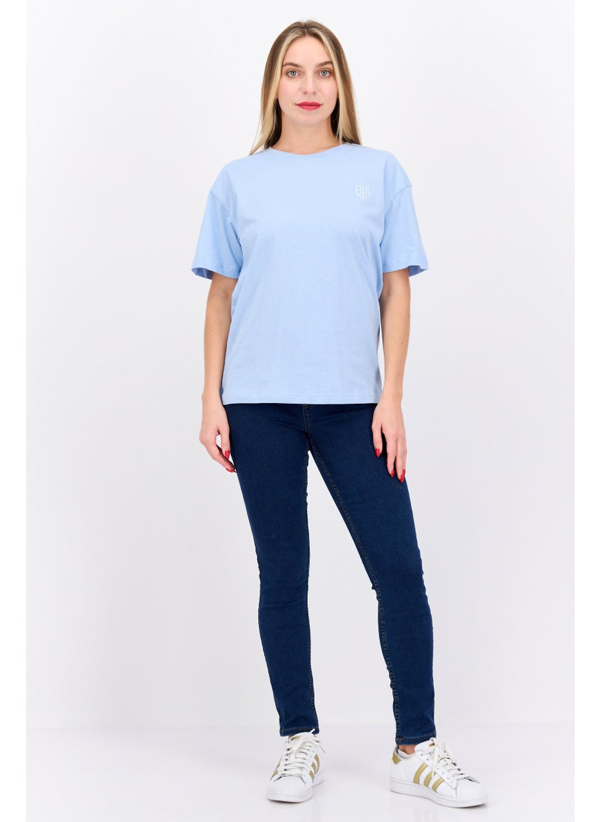 ELVIS Women Round Neck Short Sleeve Embroidered Logo T-Shirt, Light Blue  - Image 4